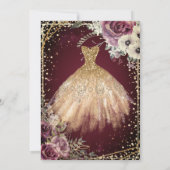 Gold Dress Tiara, Floral Burgundy Quinceañera Kaart (Achterkant)