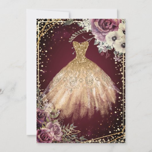 Gold Dress Tiara, Floral Burgundy Quinceañera Kaart (Achterkant)