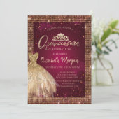 Gold Dress Tiara, Sequins Burgundy Quinceañera Kaart (Staand voorkant)