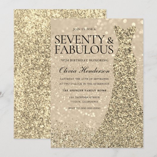 Gold Dress Womans 70th Birthday Party Sparkle Kaart (Voorkant / Achterkant)