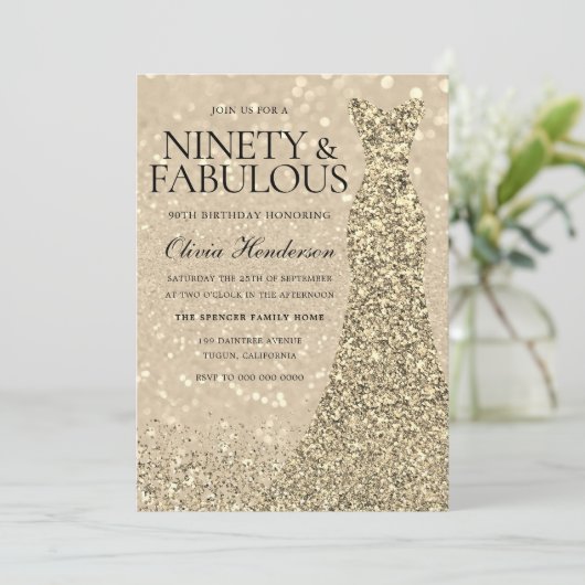 Gold Dress Womans 90th Birthday Party Sparkle Kaart (Staand voorkant)