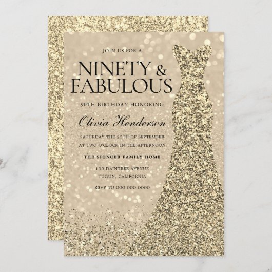 Gold Dress Womans 90th Birthday Party Sparkle Kaart (Voorkant / Achterkant)