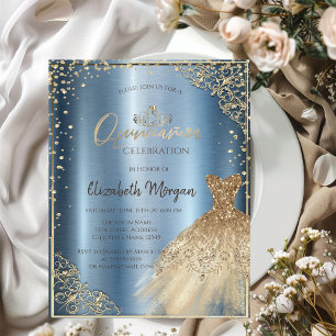 Gold DressTiara, Diamonds Blue Quinceañera Kaart