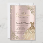 Gold DressTiara, Diamonds Roos Gold Quinceañera Kaart (Voorkant)