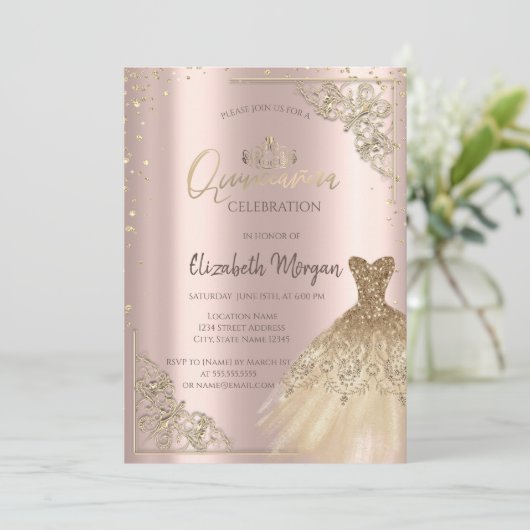 Gold DressTiara, Diamonds Roos Gold Quinceañera Kaart (Staand voorkant)