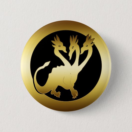 GOLD DRIE HOOFDDRAGON RONDE BUTTON 5,7 CM (Voorkant)