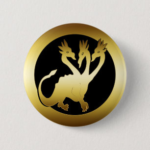 GOLD DRIE HOOFDDRAGON RONDE BUTTON 5,7 CM