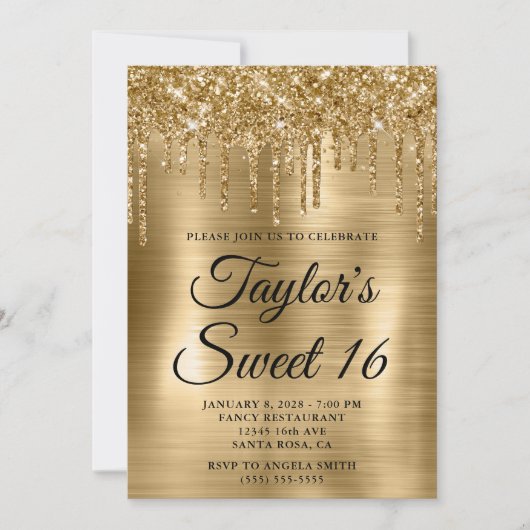 Gold Dripping Glitter en Folie Sweet 16 Kaart (Voorkant)