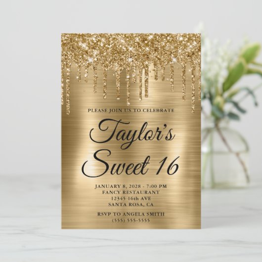 Gold Dripping Glitter en Folie Sweet 16 Kaart (Staand voorkant)