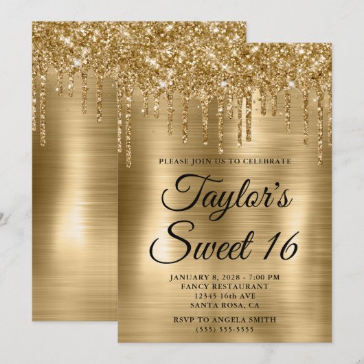 Gold Dripping Glitter en Folie Sweet 16 Kaart (Voorkant / Achterkant)