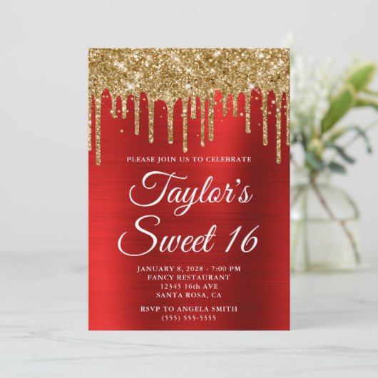 Gold Dripping Glitter Red Folie Sweet 16 Kaart (Staand voorkant)
