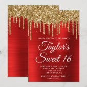Gold Dripping Glitter Red Folie Sweet 16 Kaart (Voorkant / Achterkant)