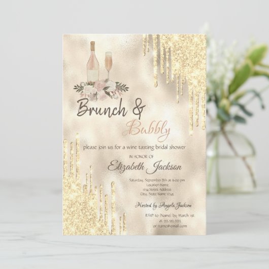 Gold Drips Brunch en bubbelbaar Vrijgezellenfeest Kaart (Staand voorkant)