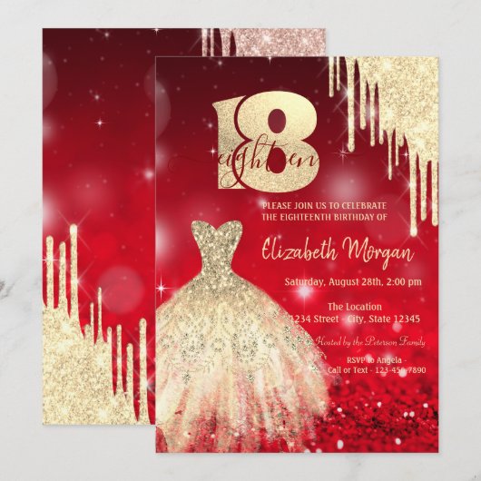 Gold Drips Dress Red Bokeh 18e verjaardag Kaart (Voorkant / Achterkant)