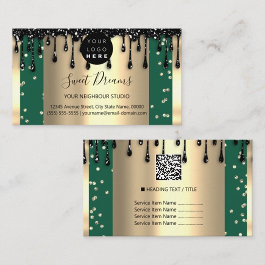 Gold Drips Lijst Glitter Confetti Zwart Groen Visitekaartje (Voorkant / Achterkant)