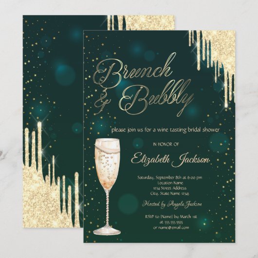 Gold Drips Wijn Groene Brunch & Bubbly Kaart (Voorkant / Achterkant)