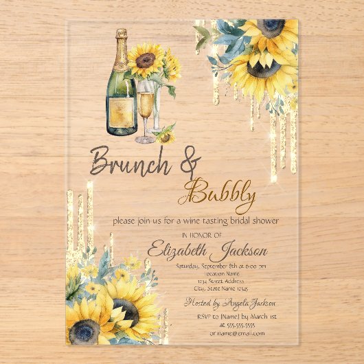 Gold Drips Zonnebloemen Wijn Vrijgezellenfeest Acryl Uitnodigingen (Voorkant)