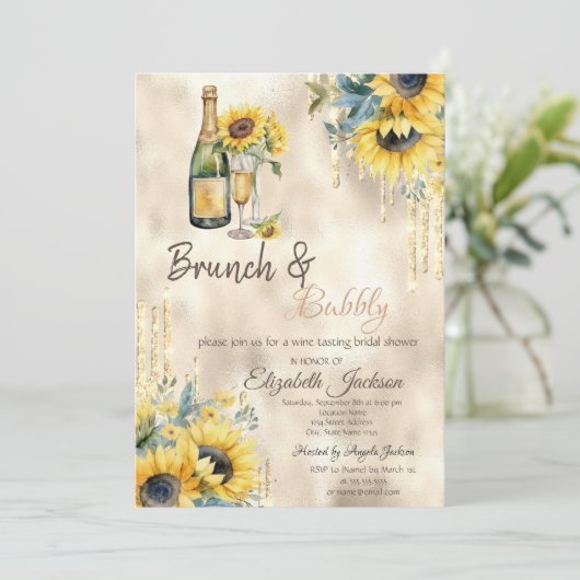 Gold Drips Zonnebloemen Wijn Vrijgezellenfeest Kaart (Staand voorkant)