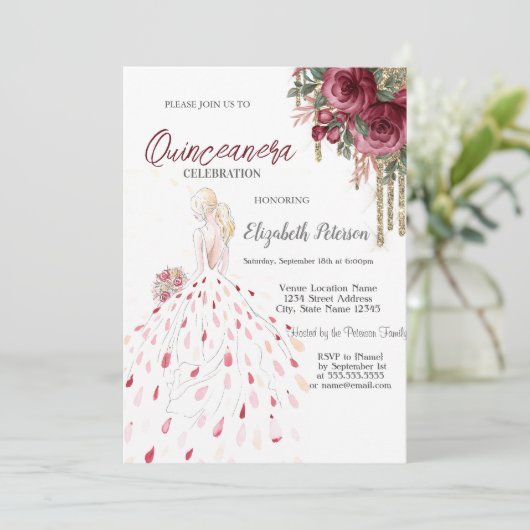 Gold Drivers, dress, Waterverf Rozen Quinceanera Kaart (Staand voorkant)