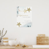 Gold Dusky Blue Beach Starfish Baby shower Welkom Poster (Keuken)