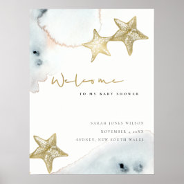 Gold Dusky Blue Beach Starfish Baby shower Welkom Poster