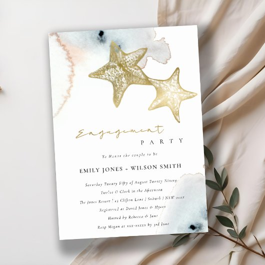 GOLD DUSKY BLUE BEACH STARFISH VERLOVING INVITE BEDANKKAART