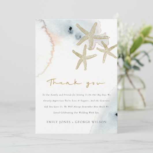 Gold Dusky Blue Beachy Starfish Baby Shower  Bedankkaart (Staand voorkant)