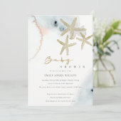 GOLD DUSKY BLUE BEACHY STARFISH BABY SHOWER INVITE BEDANKKAART (Staand voorkant)