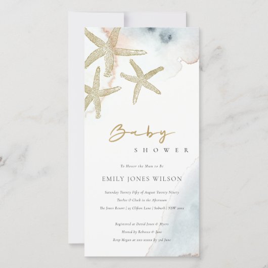 GOLD DUSKY BLUE BEACHY STARFISH BABY SHOWER INVITE BEDANKKAART (Voorkant)