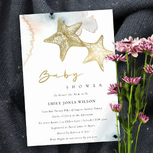 GOLD DUSKY BLUE BEACHY STARFISH BABY SHOWER INVITE BEDANKKAART