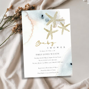 GOLD DUSKY BLUE BEACHY STARFISH BABY SHOWER INVITE BEDANKKAART