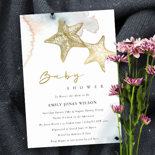 GOLD DUSKY BLUE BEACHY STARFISH BABY SHOWER INVITE BEDANKKAART