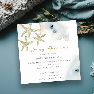GOLD DUSKY BLUE BEACHY STARFISH BABY SHOWER INVITE BEDANKKAART