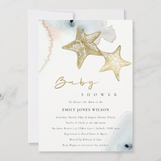 GOLD DUSKY BLUE BEACHY STARFISH BABY SHOWER INVITE BEDANKKAART (Voorkant)