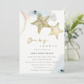 GOLD DUSKY BLUE BEACHY STARFISH BABY SHOWER INVITE BEDANKKAART (Staand voorkant)