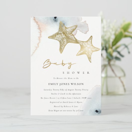 GOLD DUSKY BLUE BEACHY STARFISH BABY SHOWER INVITE BEDANKKAART (Staand voorkant)