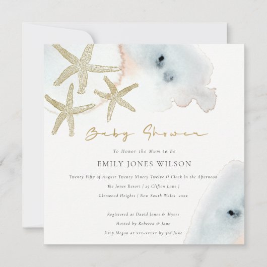 GOLD DUSKY BLUE BEACHY STARFISH BABY SHOWER INVITE BEDANKKAART (Voorkant)