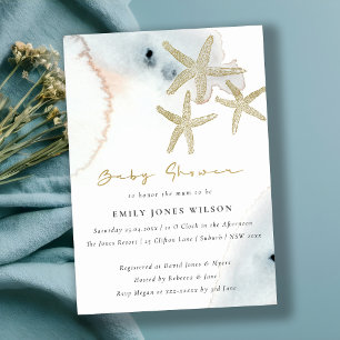 Gold Dusky Blue Beachy Starfish Baby shower Kaart