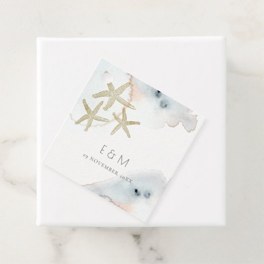 GOLD DUSKY BLUE BEACHY STARFISH MONOGRAM WEDDING BEDANKJES LABELS (In situ)