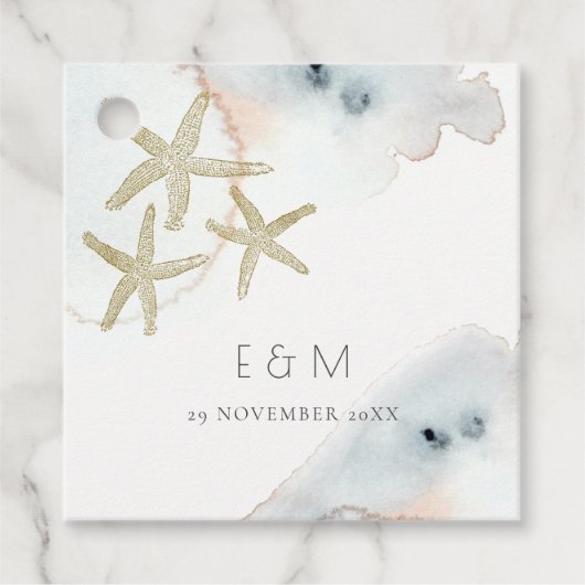 GOLD DUSKY BLUE BEACHY STARFISH MONOGRAM WEDDING BEDANKJES LABELS (Voorkant)