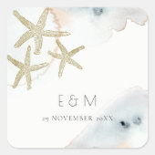 GOLD DUSKY BLUE BEACHY STARFISH MONOGRAM WEDDING VIERKANTE STICKER (Voorkant)