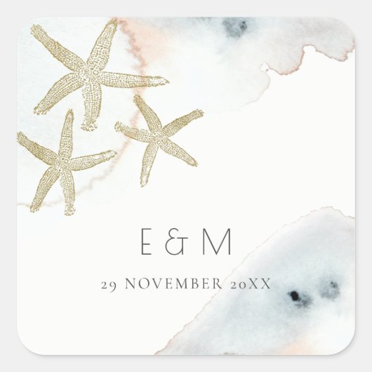 GOLD DUSKY BLUE BEACHY STARFISH MONOGRAM WEDDING VIERKANTE STICKER (Voorkant)
