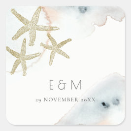 GOLD DUSKY BLUE BEACHY STARFISH MONOGRAM WEDDING VIERKANTE STICKER