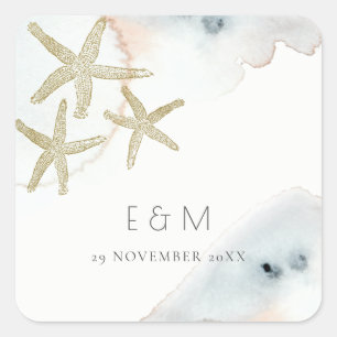 GOLD DUSKY BLUE BEACHY STARFISH MONOGRAM WEDDING VIERKANTE STICKER