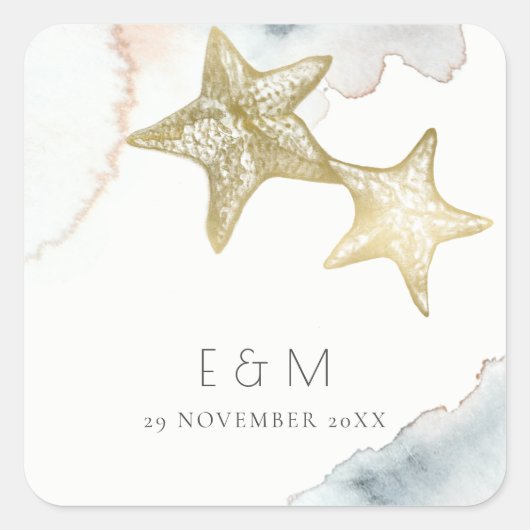 GOLD DUSKY BLUE BEACHY STARFISH MONOGRAM WEDDING VIERKANTE STICKER (Voorkant)