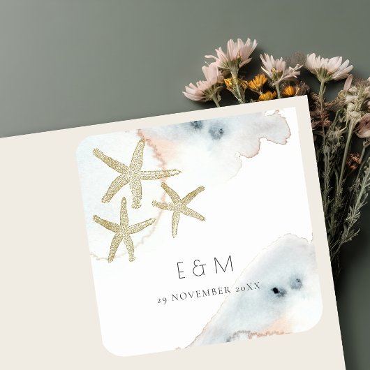 GOLD DUSKY BLUE BEACHY STARFISH MONOGRAM WEDDING VIERKANTE STICKER