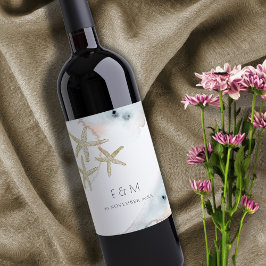 GOLD DUSKY BLUE BEACHY STARFISH MONOGRAM WEDDING WIJN ETIKET