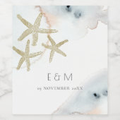 GOLD DUSKY BLUE BEACHY STARFISH MONOGRAM WEDDING WIJN ETIKET (Enkel label)