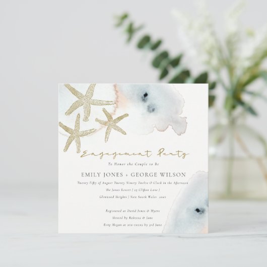 GOLD DUSKY BLUE BEACHY STARFISH VERLOVING INVITE BEDANKKAART (Staand voorkant)