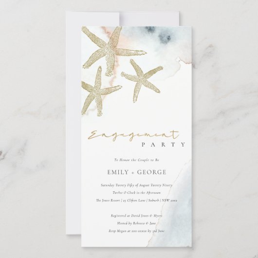 GOLD DUSKY BLUE BEACHY STARFISH VERLOVING INVITE BEDANKKAART (Voorkant)
